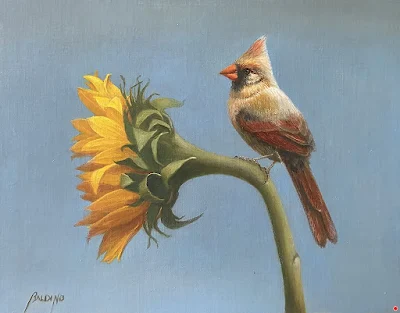 Poised and Patience-Sunflower with Cardinal painting Patt Baldino