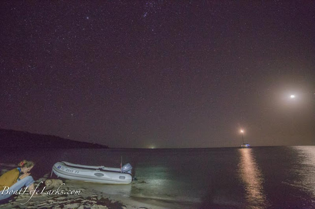 Stars over sailboat at anchor, Bahamas