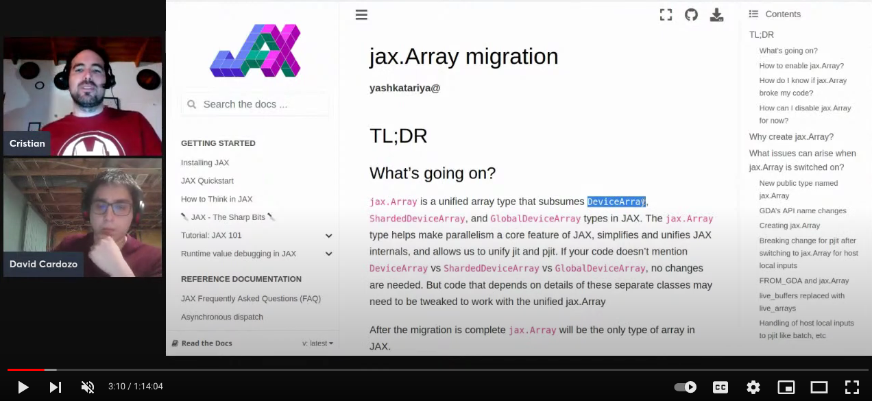 Screen grab of ML GDE David Cardozo and Cristian Garcia during a live coding session of a review of new features, specifically Shared Arrays, in the recent release of JAX
