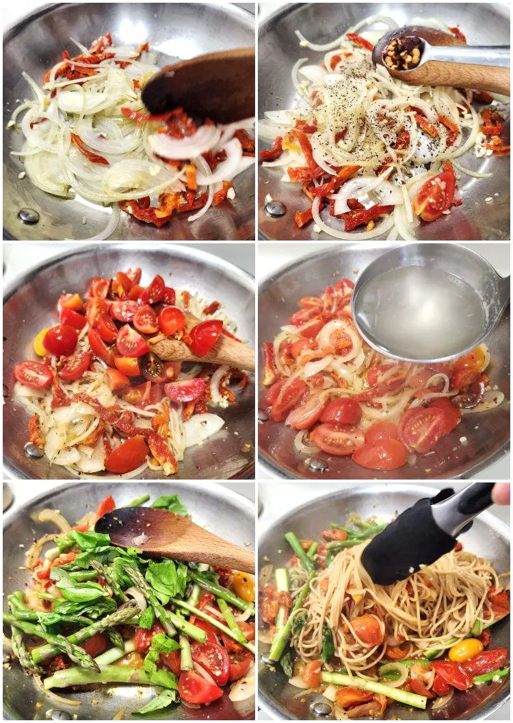 Preparación de los espaguetis con tomate y vegetales