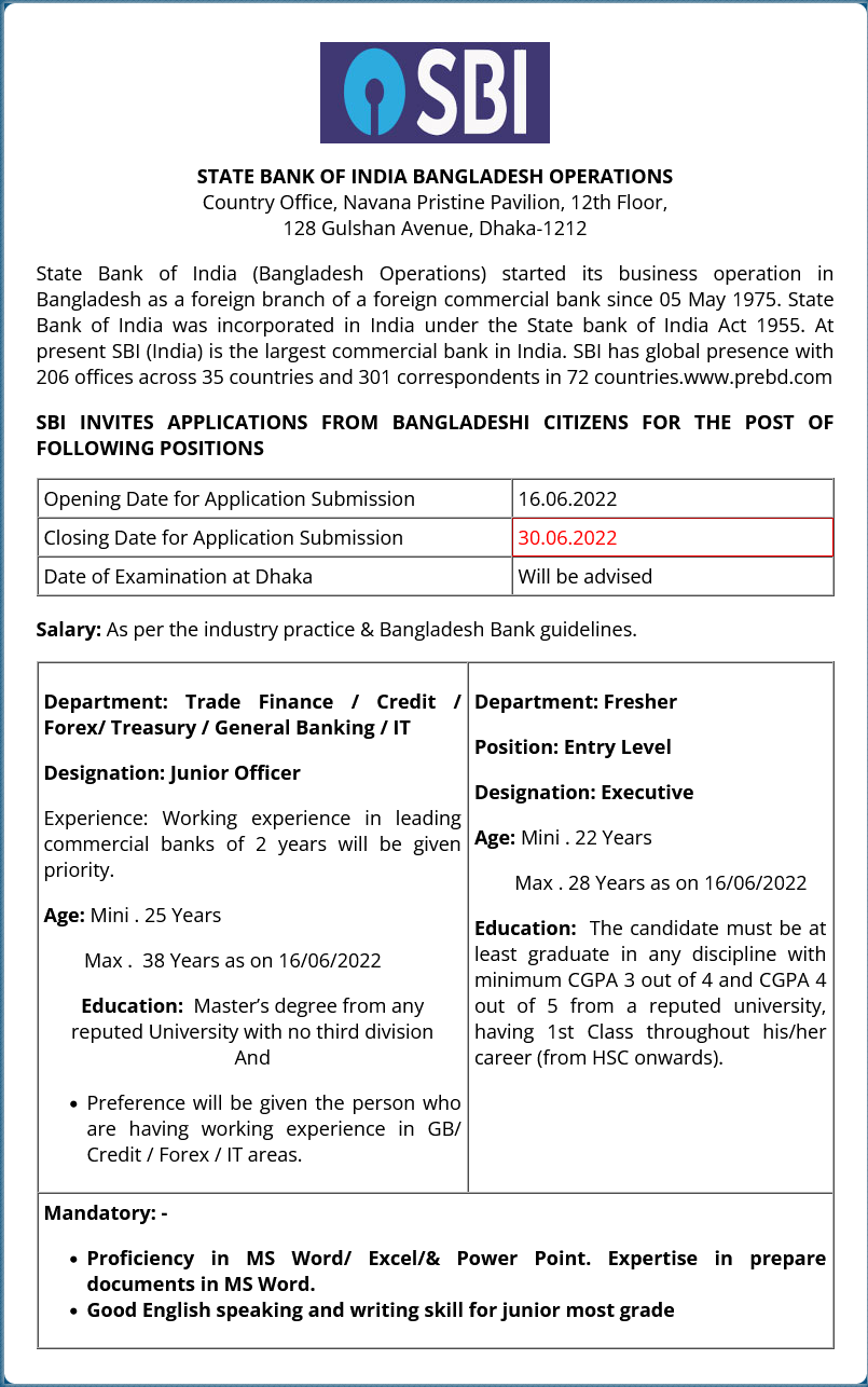 State Bank of India Job Circular 2022