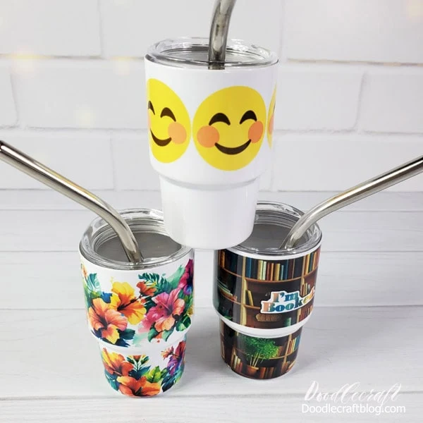 Mini 3 oz Tumbler Sublimation Template!  Sublimation mini tumblers!   These darling 3 oz tumblers are so cute and the perfect little sublimation project!   I designed a template for the top and bottom of them and it's free at the end of this post!