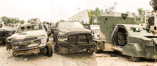 42 vehículos tipo "monstruo",unidades blindadas artesanalmente fueron presumidos tras ser destruidos  en Reynosa