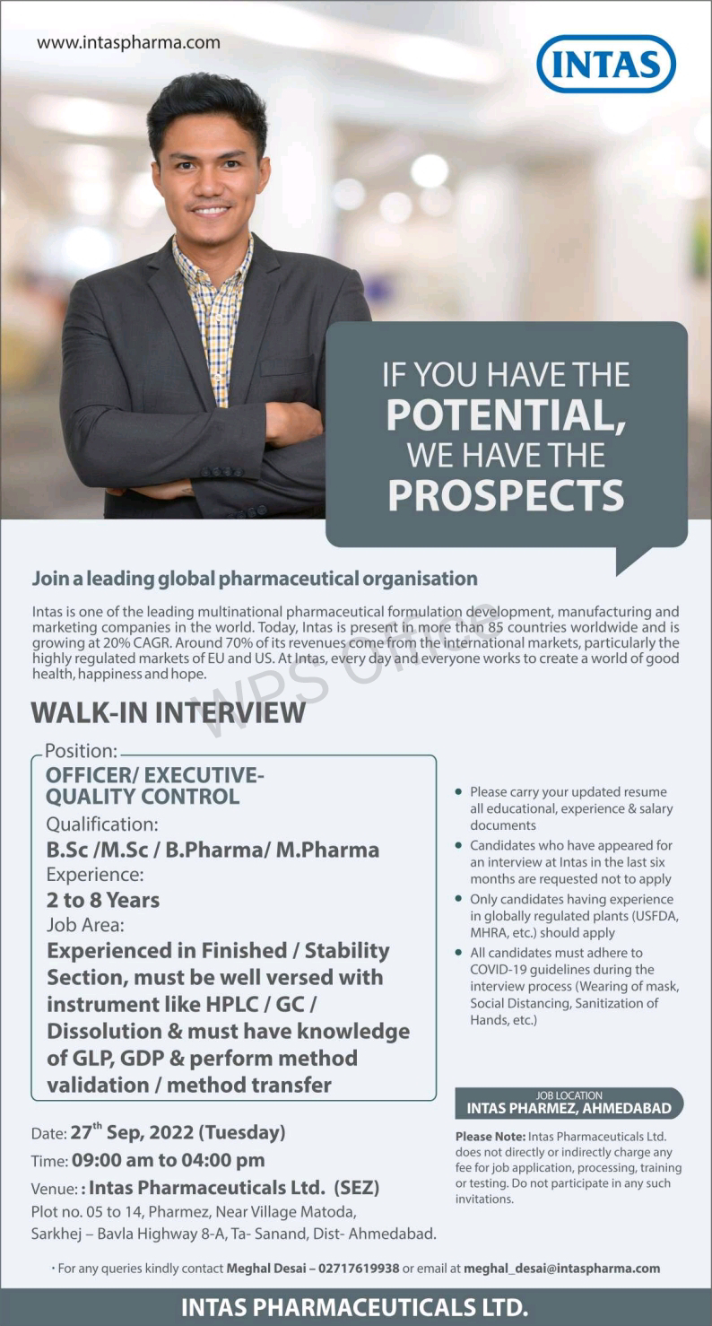 Job Available's for Intas Pharmaceuticals Ltd Walk-In Interview for BSc/ MSc/ B Pharma/ M Pharma