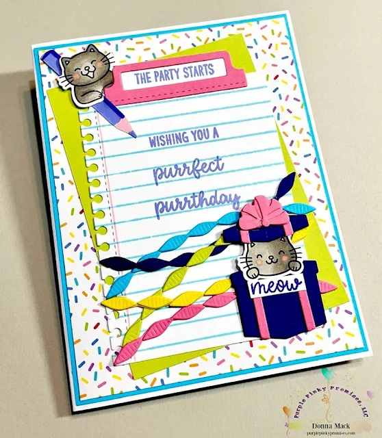 Sunny Studio Stamps Notebook Tabs, A Cut Above, Birthday Cat, Crepe Paper Streamers, and Perfect Gift Boxes card by Donna Mack