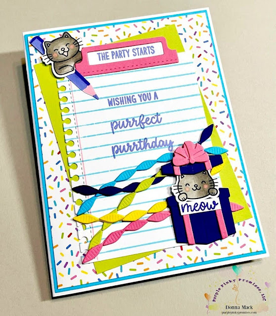 Sunny Studio Stamps Notebook Tabs, A Cut Above, Birthday Cat, Crepe Paper Streamers, and Perfect Gift Boxes card by Donna Mack