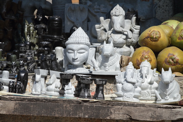 Souvenirs made out of Shravanabelagola stone on display in front of the temple