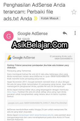  Beberapa hari yang kemudian Google AdSensen ngirimi pemberitahuan ke emailku yang gambarnya b ✔ Cara Mengatasi Notifikasi Merah Akun Google AdSense