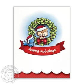 Sunny Studio Stamps: Happy Owlidays Owl Christmas Card with Holly Wreath Window