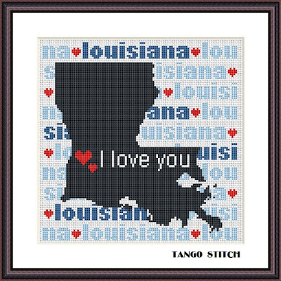 Louisiana state map silhouette typography cross stitch pattern - Tango Stitch