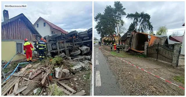 VIDEO Accident de Drăgușeni. Camion scăpat de sub control, distrugeri majore în două gospodării. Șoferul a scăpat nevătămat