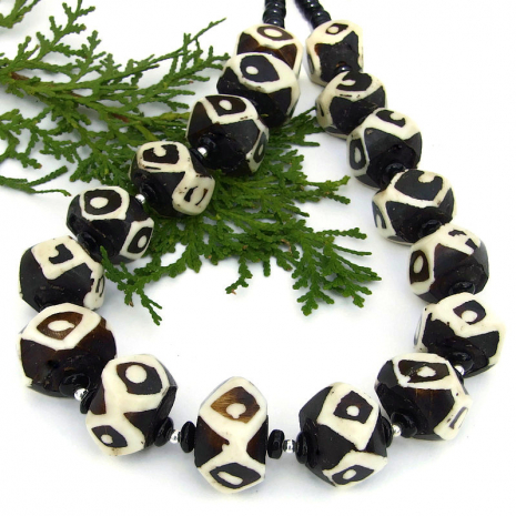 vintage african batik bone bead necklace with black onyx gift for women