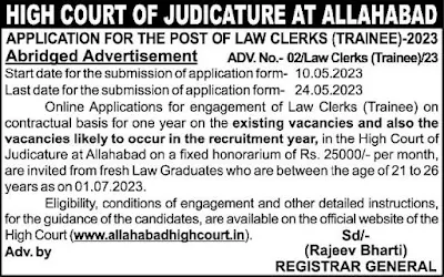 Allahabad High Court Law Clerks Trainee- 2023