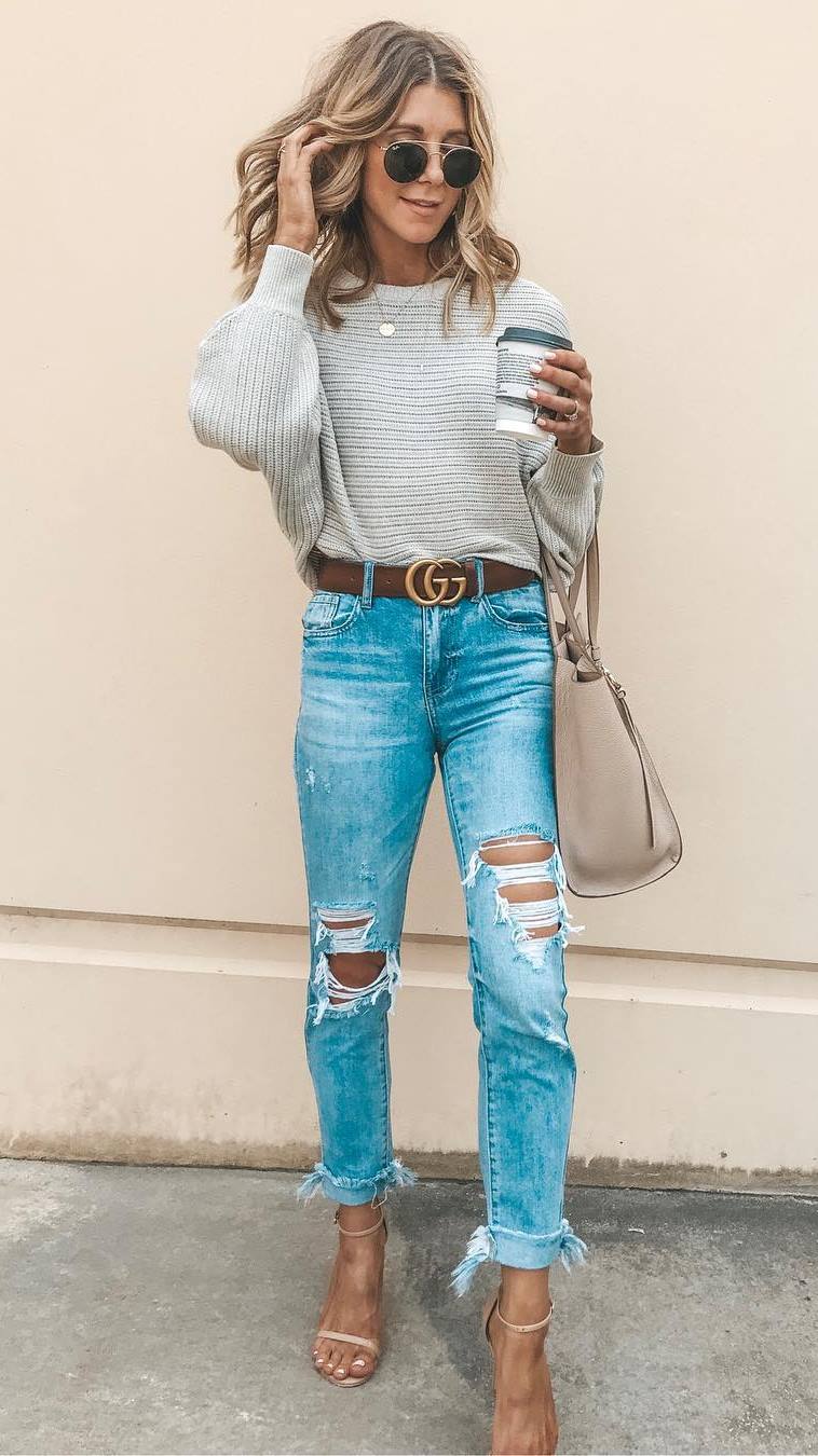 ootd | knit sweater + beige bag + ripped jeans + heels