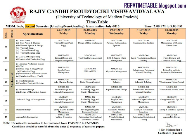 RGPV M.Tech/ME 2nd Sem Exam Time Table 