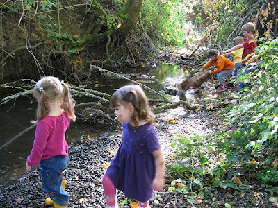 the kids throwing rocks in the creek