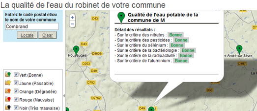 French website Que Qhoisir has created a Google Map showing the  New Water Quality on Google Maps