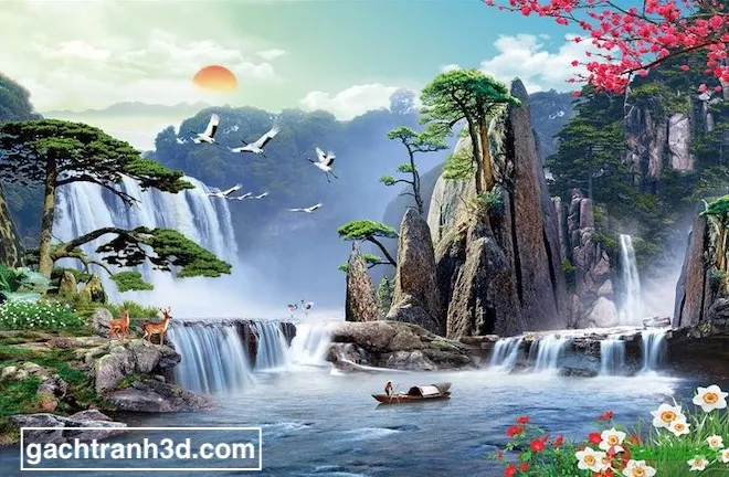 Gạch tranh 3d phong thủy hình ảnh thác nước