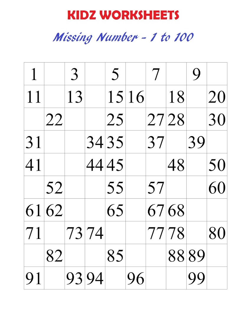 Maths Worksheet - 1 - 100 Missing Number Worksheet 