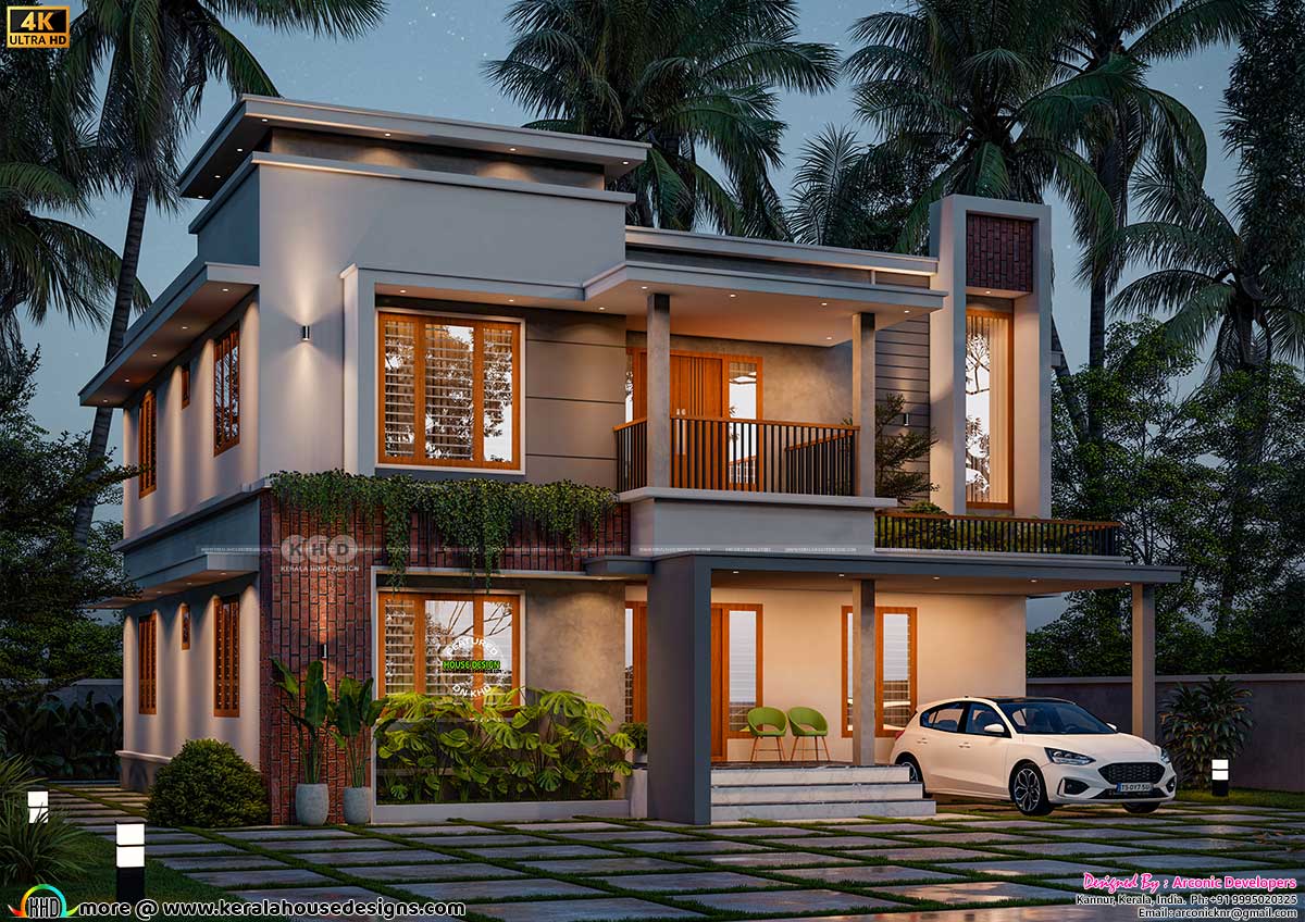 Night View Left Elevation Nighttime side angle of a modern 2-storey flat roof house with garden and soft exterior lighting