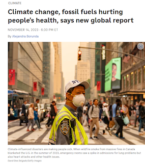 screen shot of news article headline "Climate change, fossil fuels hurting people's health"