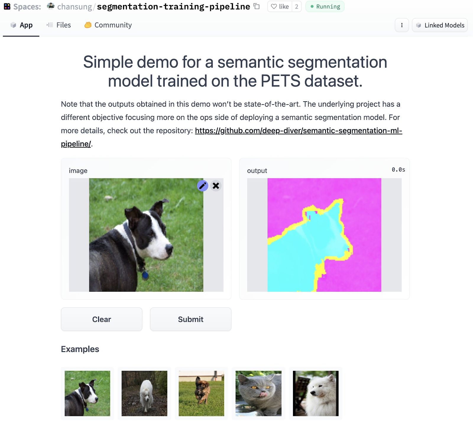 Screenshot of a simple demo for semantic segmentation model trained on the PETS dataset