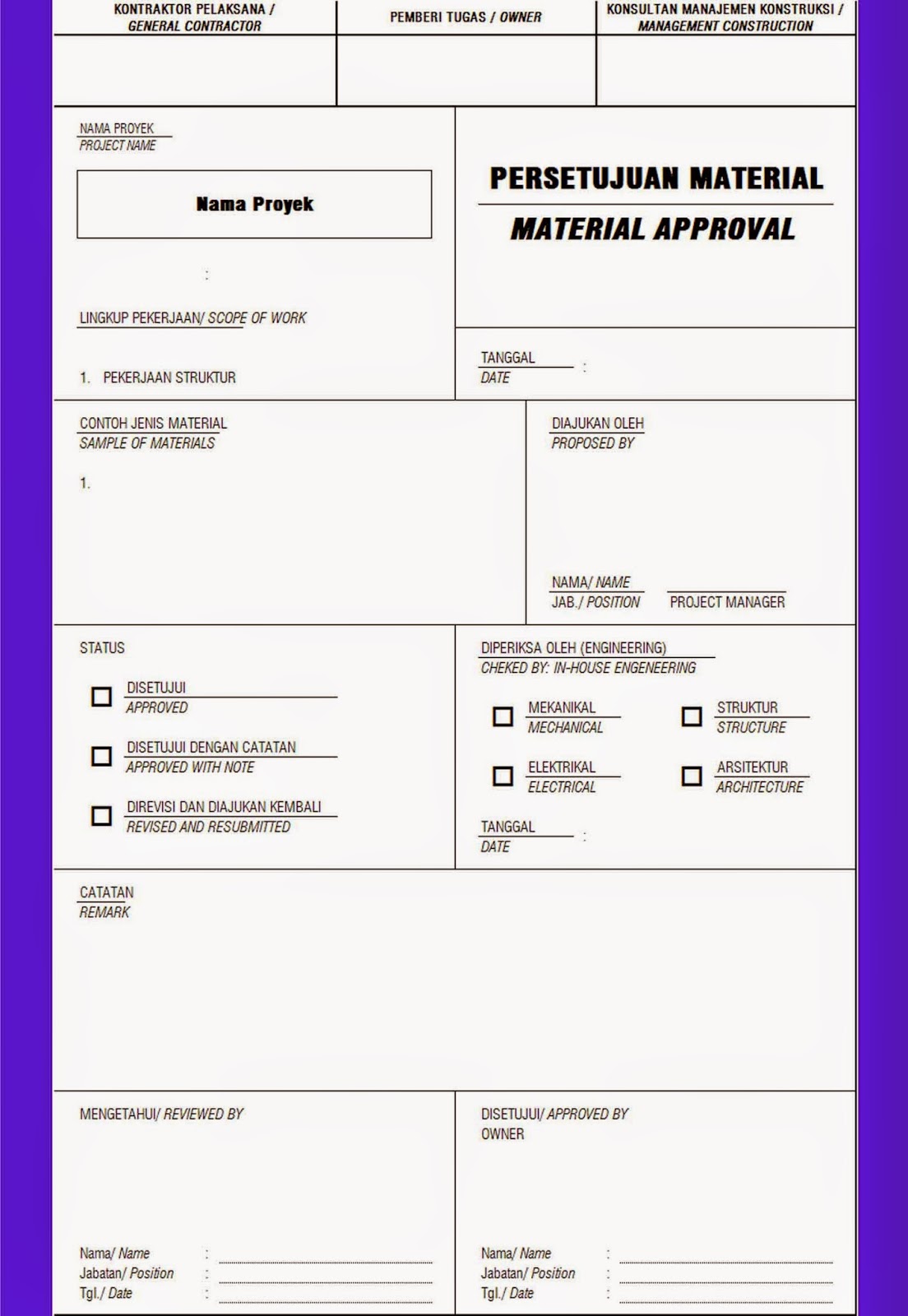 Contoh Form Persetujuan Material  Wisanggeni