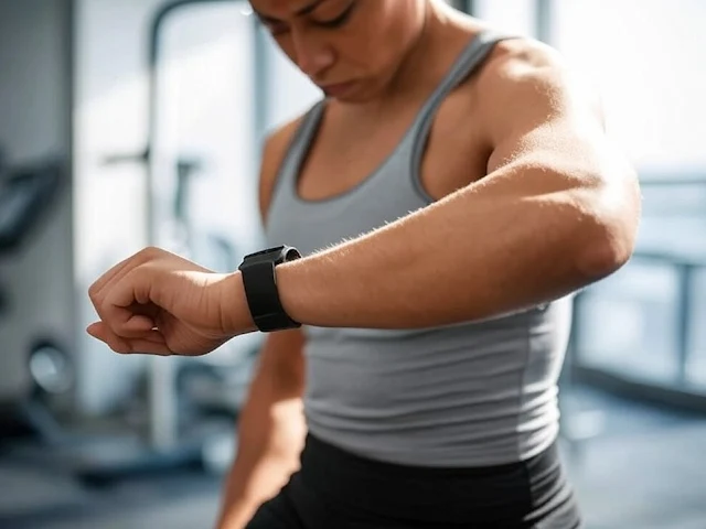A person wearing a smartwatch, tracking their heart rate during a workout