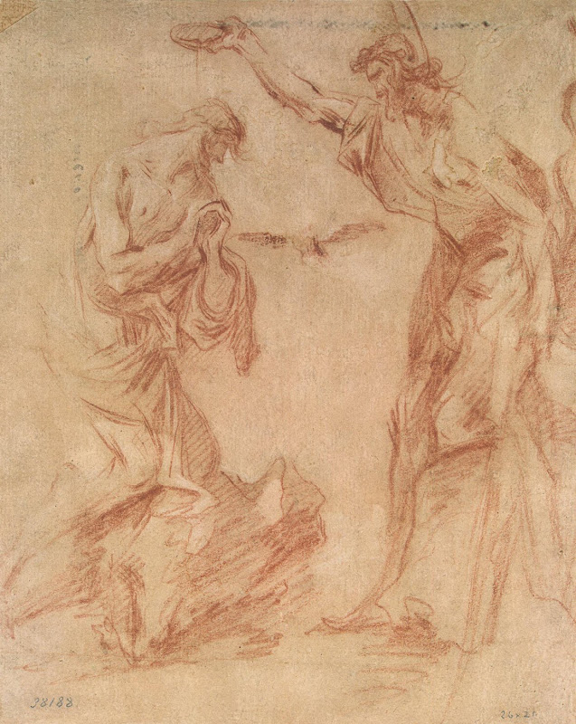 Baptism. Study for the Painting 'Landscape with the Baptism of Christ', Washington National Gallery (Red Chalk on Light Grey Paper, 1740 - Christianity, Religious) by Alessandro Magnasco