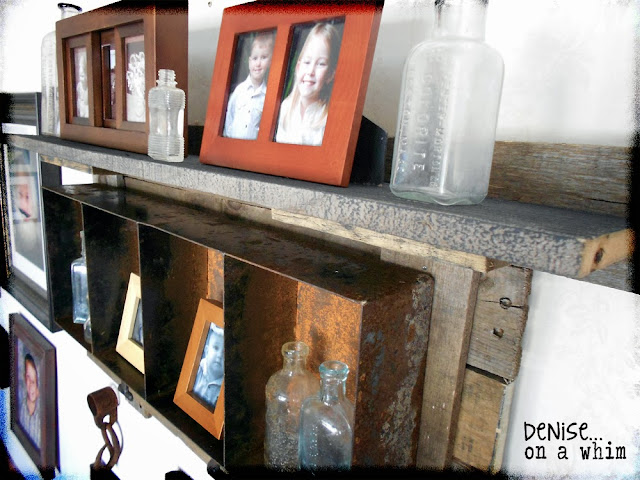 A Rusty Bin Turned Shelf via http://deniseonawhim.blogspot.com