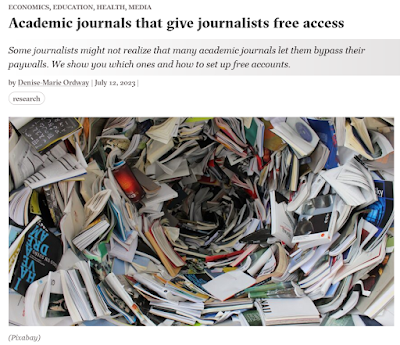 Article title, Academic journals that give journalists free access, above picture of a swirl of academic journals