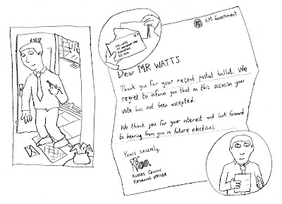 To: Carl Watts, 137 Newmarket Road, Sandingford SF2 EXalpha. From: HM Government. Dear MR WATTS, Thank you for your recent postal ballot. We regret to inform you that on this occasion your vote has not been accepted. We thank you for your interest and look forward to hearing from you in future elections. Yours sincerely, Robert B Cowon, Returning Officer.