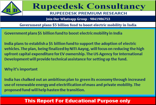 Government plans $5 billion fund to boost electric mobility in India - Rupeedesk Reports - 25.07.2022