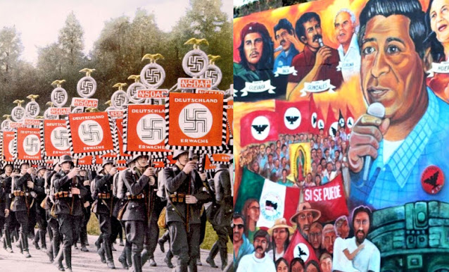 Mural of Cesar Chavez in Chicano Park with marching UFW workers holding flags (right) compared to a German National Socialist march with comparable flags (left).