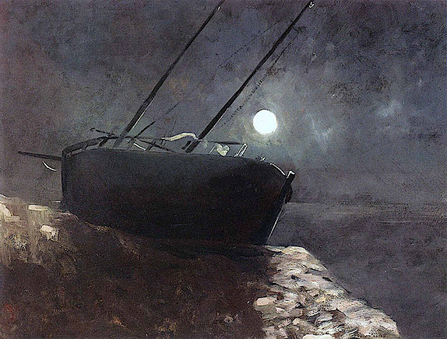 a painting by Odilon Redon, a beached boat at night