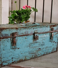 aqua metal trunk, rusted, marked, wabi sabi