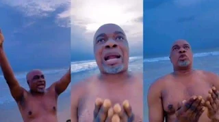 Movie star Olaiya Igwe strips, prays for Tinubu's victory at beach