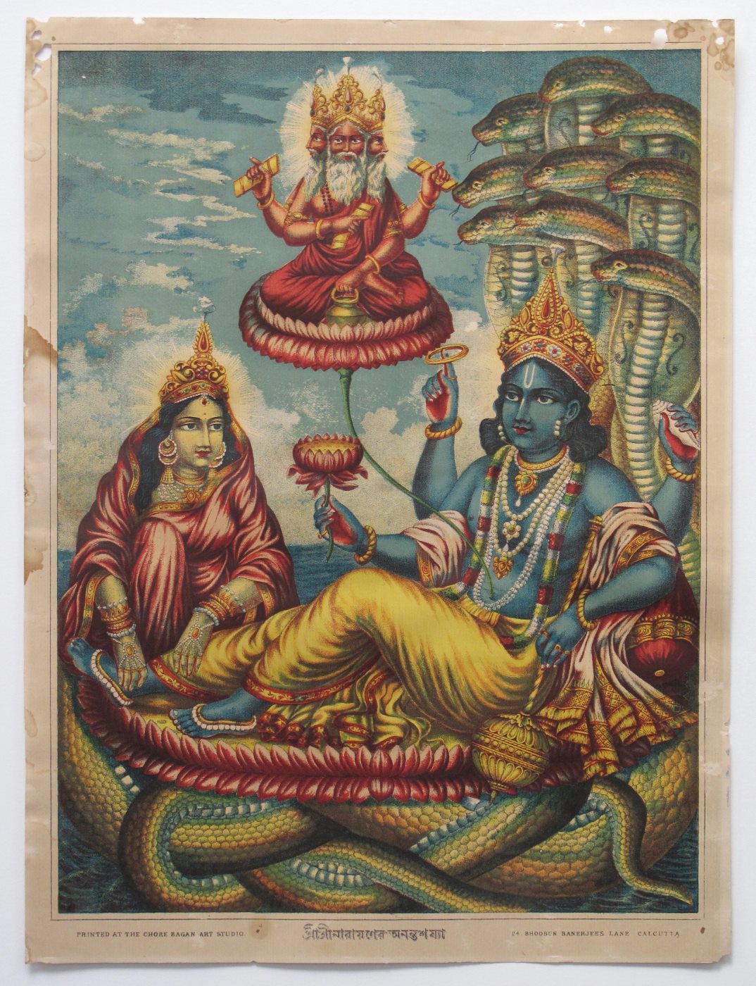 Anantashayi Vishnu - Chore Bagan Art Studio, Colour Lithograph, Calcutta (Kolkata), c1890