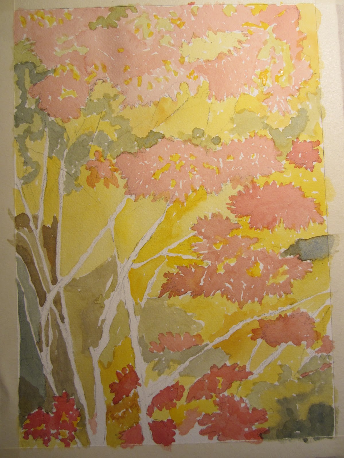 Con i tre colori primari giallo blu e rosso mescolare fino ad ottenere diverse tinte di marrone Anche per gli alberi usare la tecnica bagnato su secco