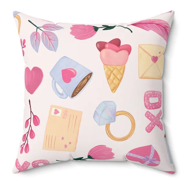 Spun Polyester Square Valentine Pillow Cute Romantic Pattern Illustration Which Includes Mugs, Ice Cream Hearts, Hearts, Envelope, XO, Diamond Ring, Feather, Rose, and Leaves