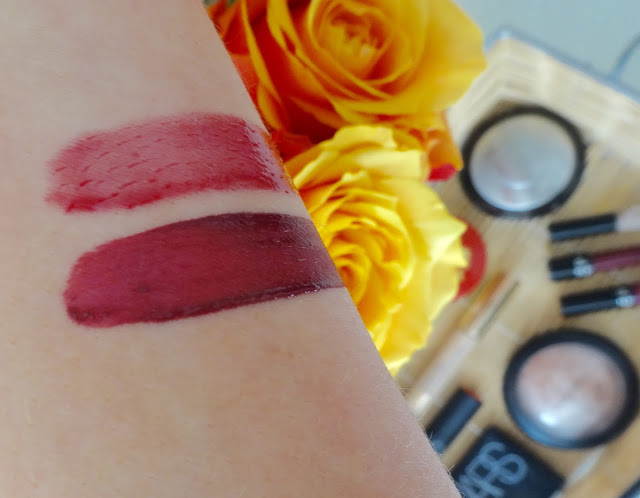 Sephora Collection Oil infusion and lip care in fresh berries swatch, Sephora Collection cream lip satin in blackberry sorbet swatch