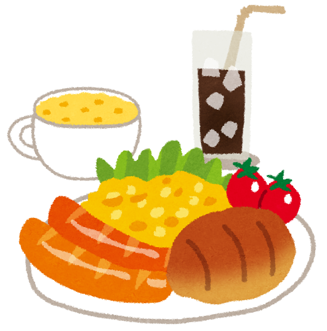 朝食セットのイラスト パン スクランブルエッグ ウインナー サラダ スープ コーヒー かわいいフリー素材集 いらすとや
