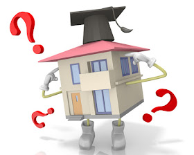 Picture of house in 3D wearing mortar board and shoes surrounded by question marks