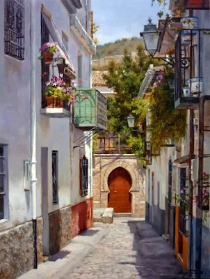 Charca Street (Granada) painting Peter Bojthe