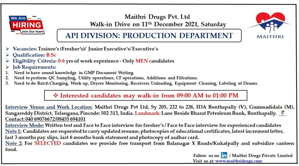 Job Availables,Maithri Drugs Pvt. Ltd Walk-In-Interview For BSc Chemistry/ Msc Organic Chemistry