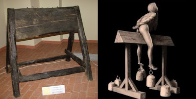 Spanish donkey torture image,wooden horse torture image, or cavaletto squarciapalle image