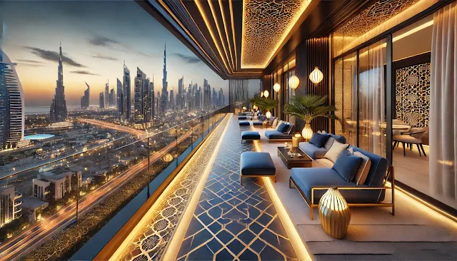 Ultra-luxurious balcony in a Dubai penthouse, featuring a modern Arabic design