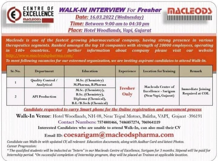 Job Availables,Macleods Pharmaceuticals Limited Walk-In-Interview For BE/ B.Tech In Chemical/ Diploma Chemical/ BSc/ MSc Chemistry/ B.Pharm/ M.Pharm- Freshers