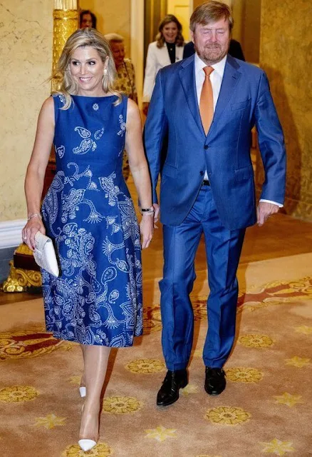 Queen Maxima wore a new Josie piqué cotton and stencil pattern sleeveless dress by Natan. King Willem-Alexander and Princess Beatrix