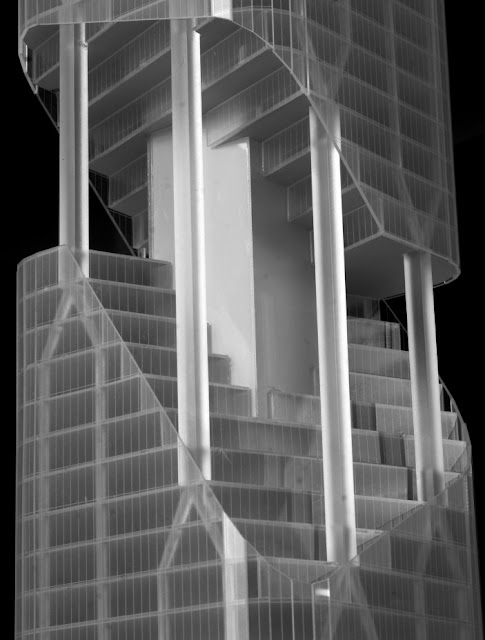 Close up photo of the model showing broken facade and vertical gardens